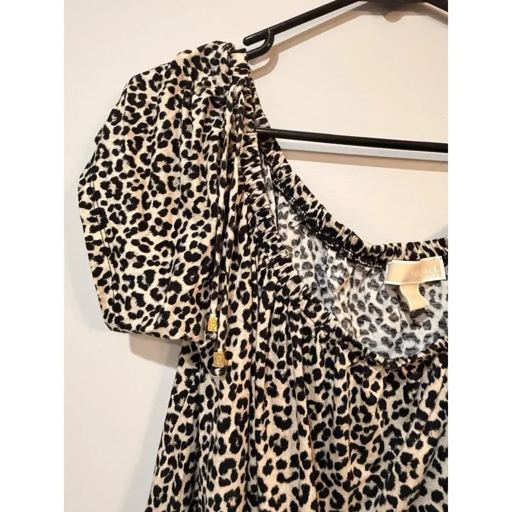 Michael Kors Leopard Print Ruched Peasant Top Women’s Large Short Sleeve Stretch